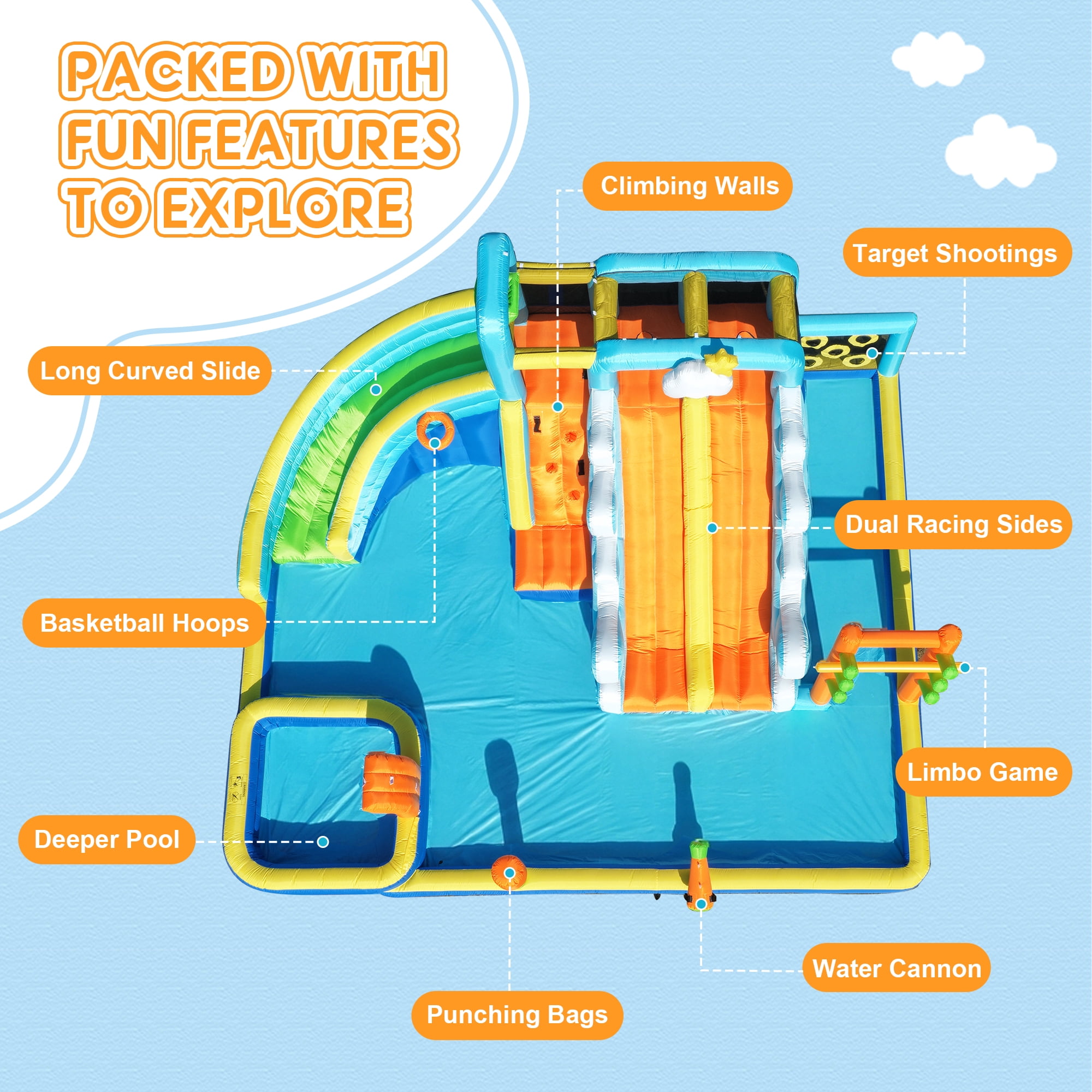 SaveJoy Giant 10-in-1 Inflatable Water Slide Bounce House, 207‘’x185‘’x87‘’ Water Park with 750W Blower,  Backyard Toys for Kids Ages 3-8, Indoor & Outdoor Use