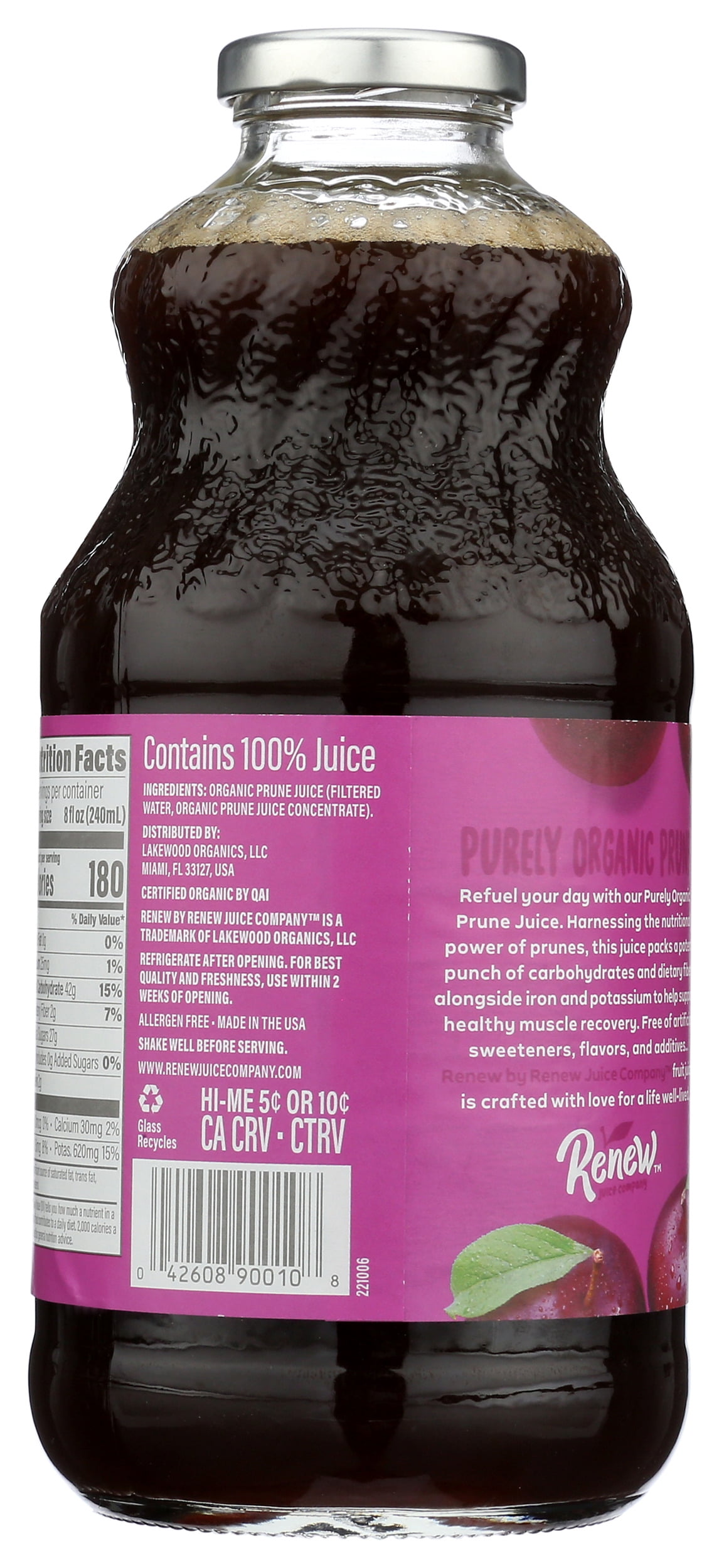 Pack of 6, Renew Organic Pure Prune Juice, 32 fl oz