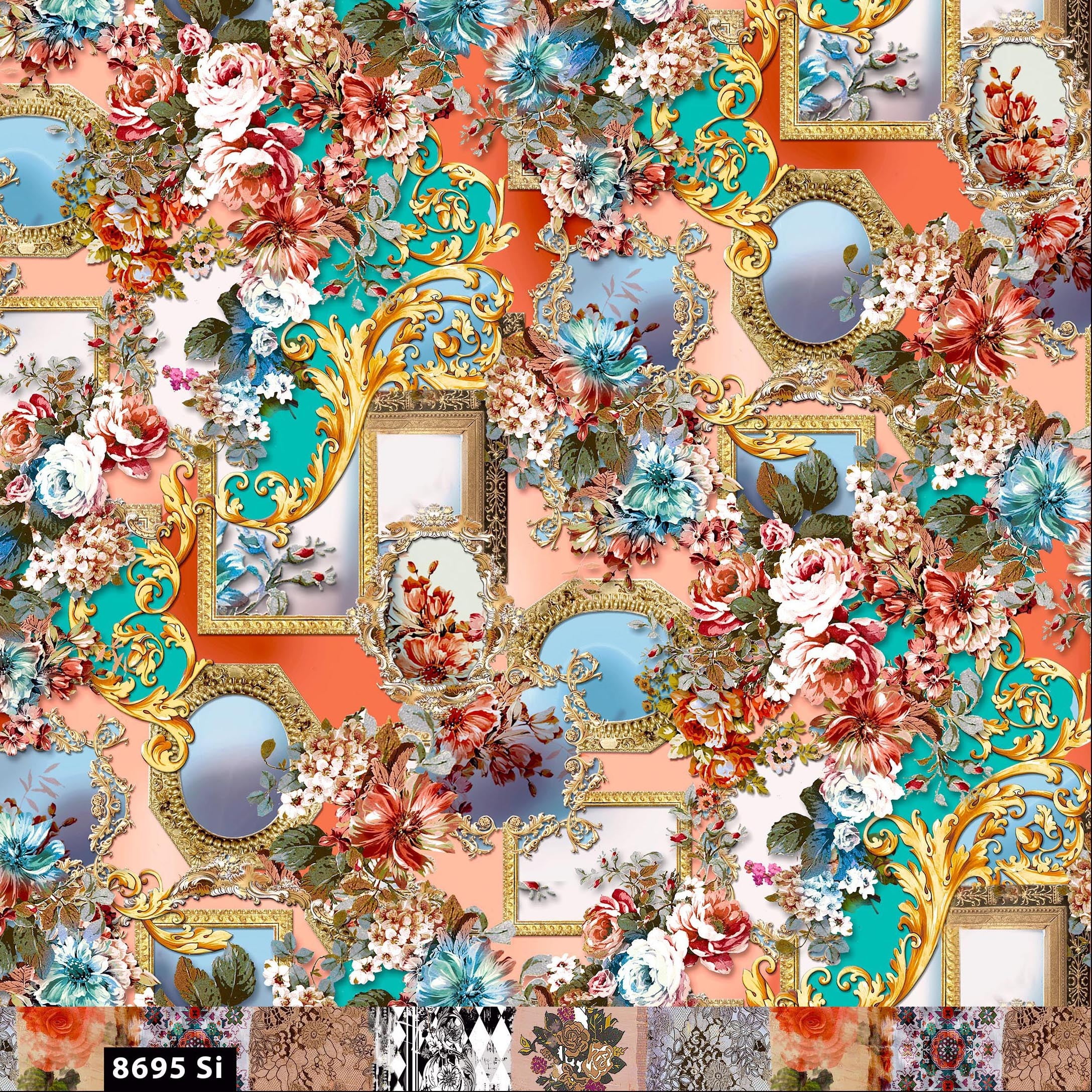 FREE SHIPPING!!! Conversational Romantic Floral with Mirror Design 100% Cotton Quilting Fabric for DIY Projects by the Yard - (Rust, Peach,Turquoise and Gold) - Print Fabric