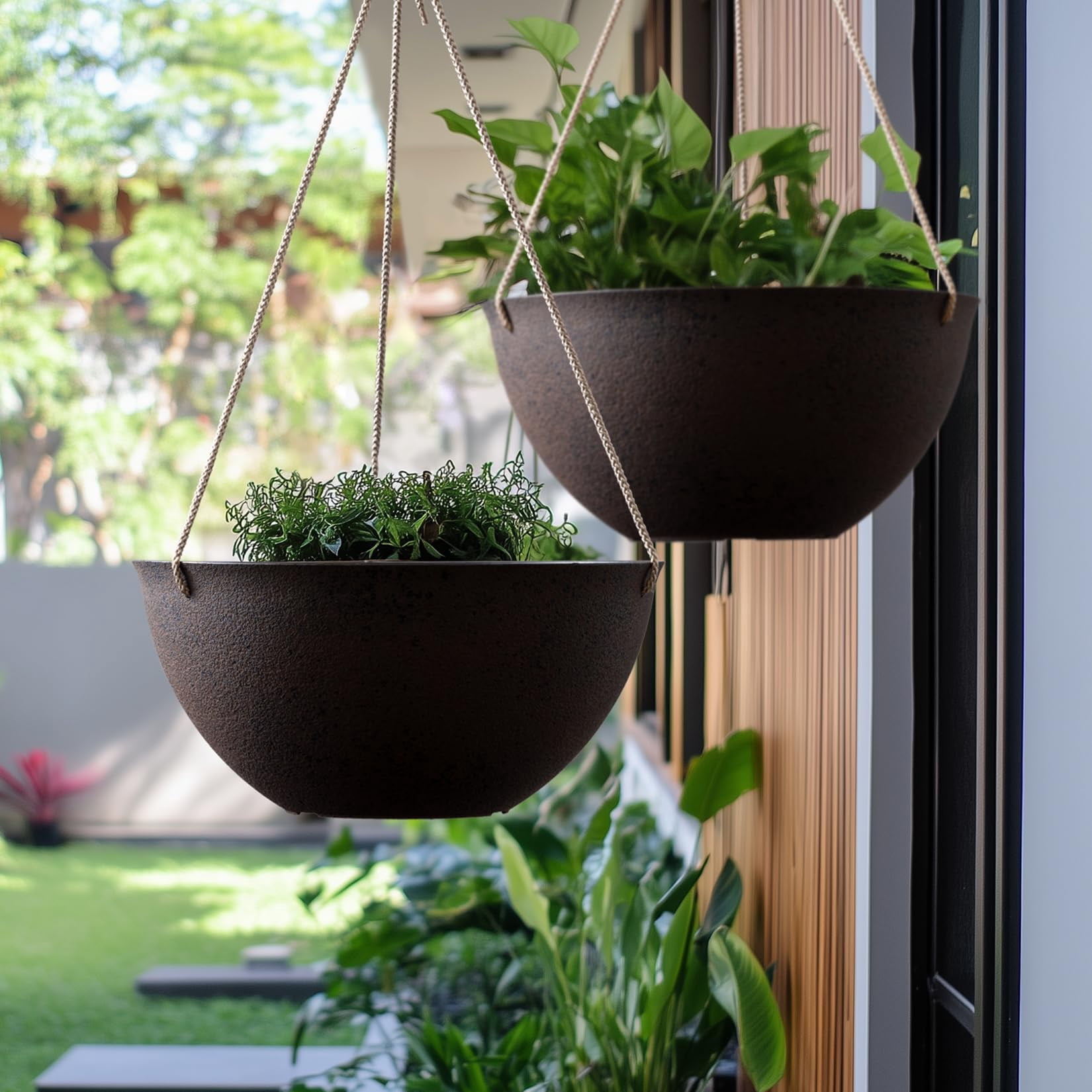 Large Hanging Planters Set of 2 13 Inch Flower Pots Outdoor Indoor Garden Decor Iron Finish