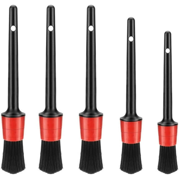 Car Detailing Brushes,5 Pieces Natural Boar Hair Automotive Detail Cleaning Brush Set with Plastic Handle for Cleaning Wheels,Tire, Interior, Exterior, Leather, Air Vents