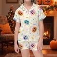thumbnail image 2 of MEZZALL Girls Halloween Sleepwear Short Sleeve Pumpkin Printed Lapel Blouse Pajamas Sets Tops With Elastic Waist Shorts Two Piece Loungewear For Kids Soft Nightwear, 2 of 4