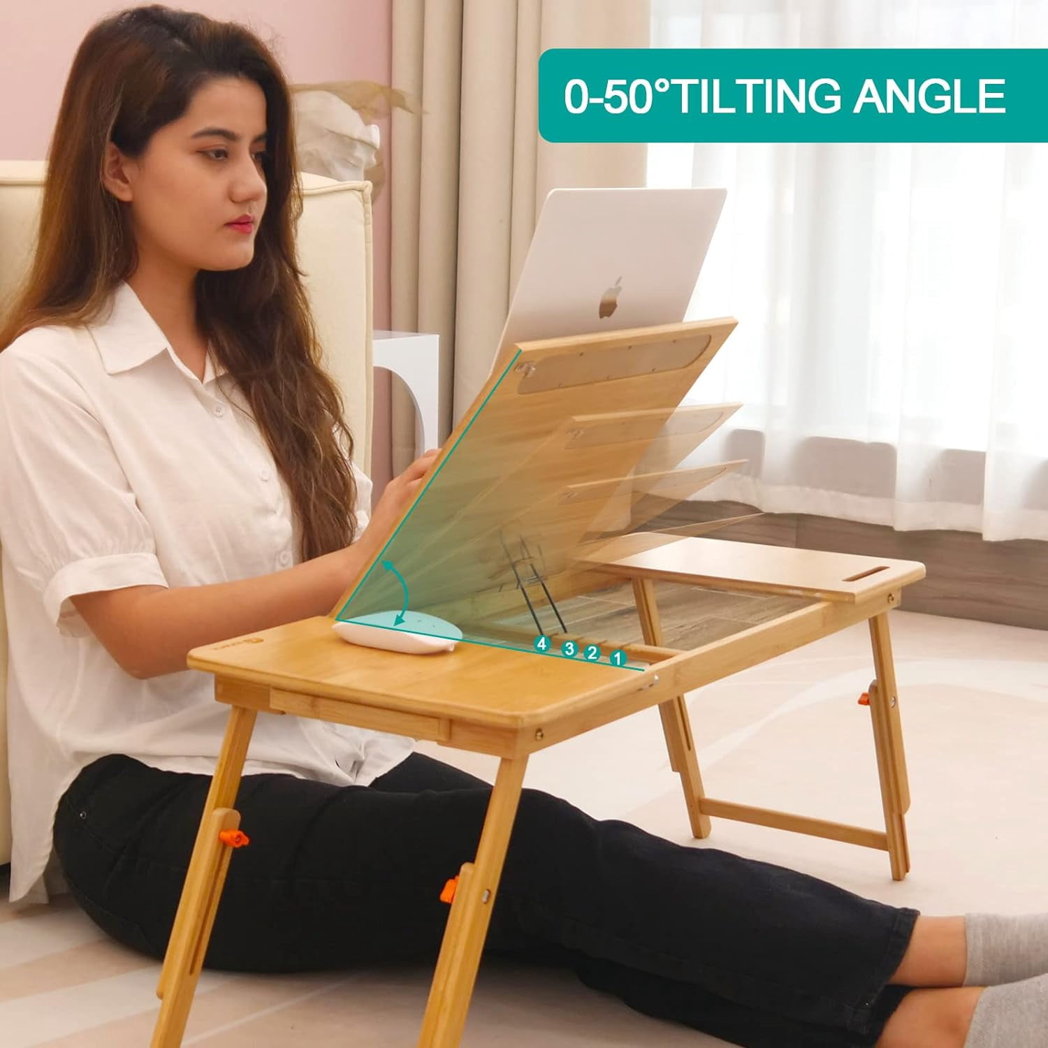 Large Bamboo Lap Desk with Adjustable Height & Angle, Foldable Bed Table with Drawer & Tablet Slot for Laptop Writing Eating Sofa Floor