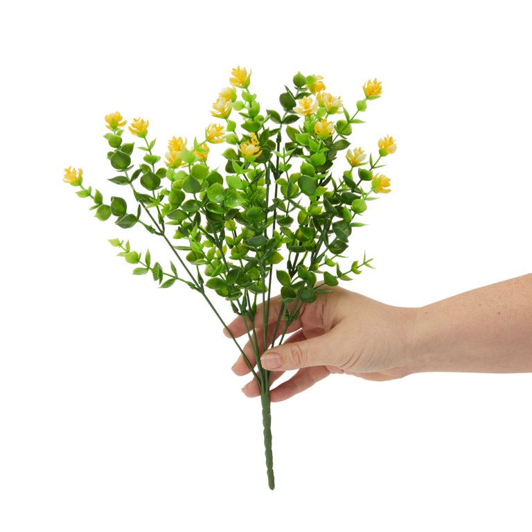 Yellow Artificial Flowers for Cemetery with 2 Cone Vases, Small Bouquets  for Grave Decorations (8.6 x 13 Inches, 6 Bundles)