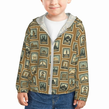 

Rash Guard for Boys Girls - Stamp Pattern worlds Lightweight Long Sleeve Sun Protection Jacket Hooded Cooling Swim Shirt with Zipper for Toddler Kids Children