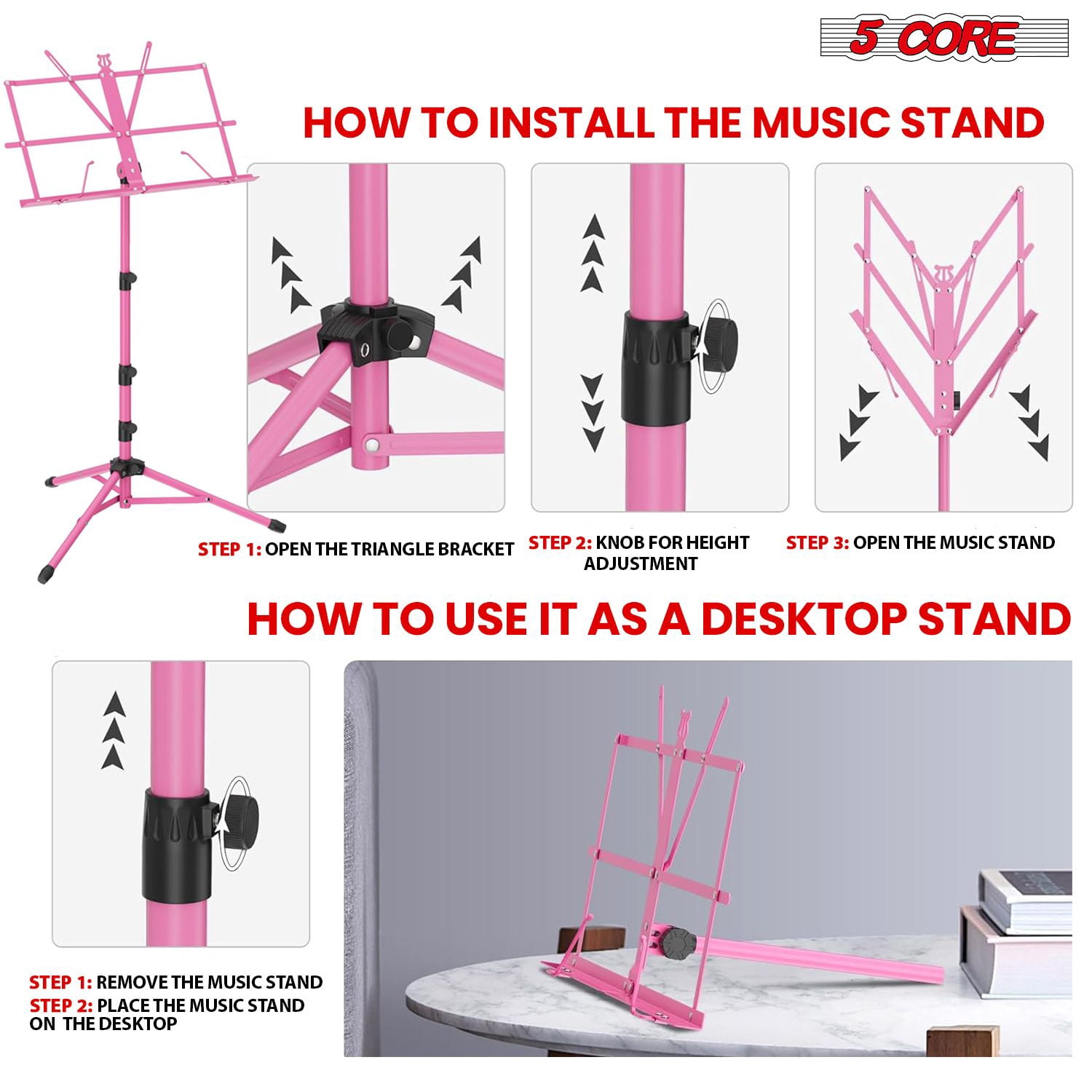 5Core Music Stand For Sheet Music Portable Tripod Adjustable Folding Note Holder