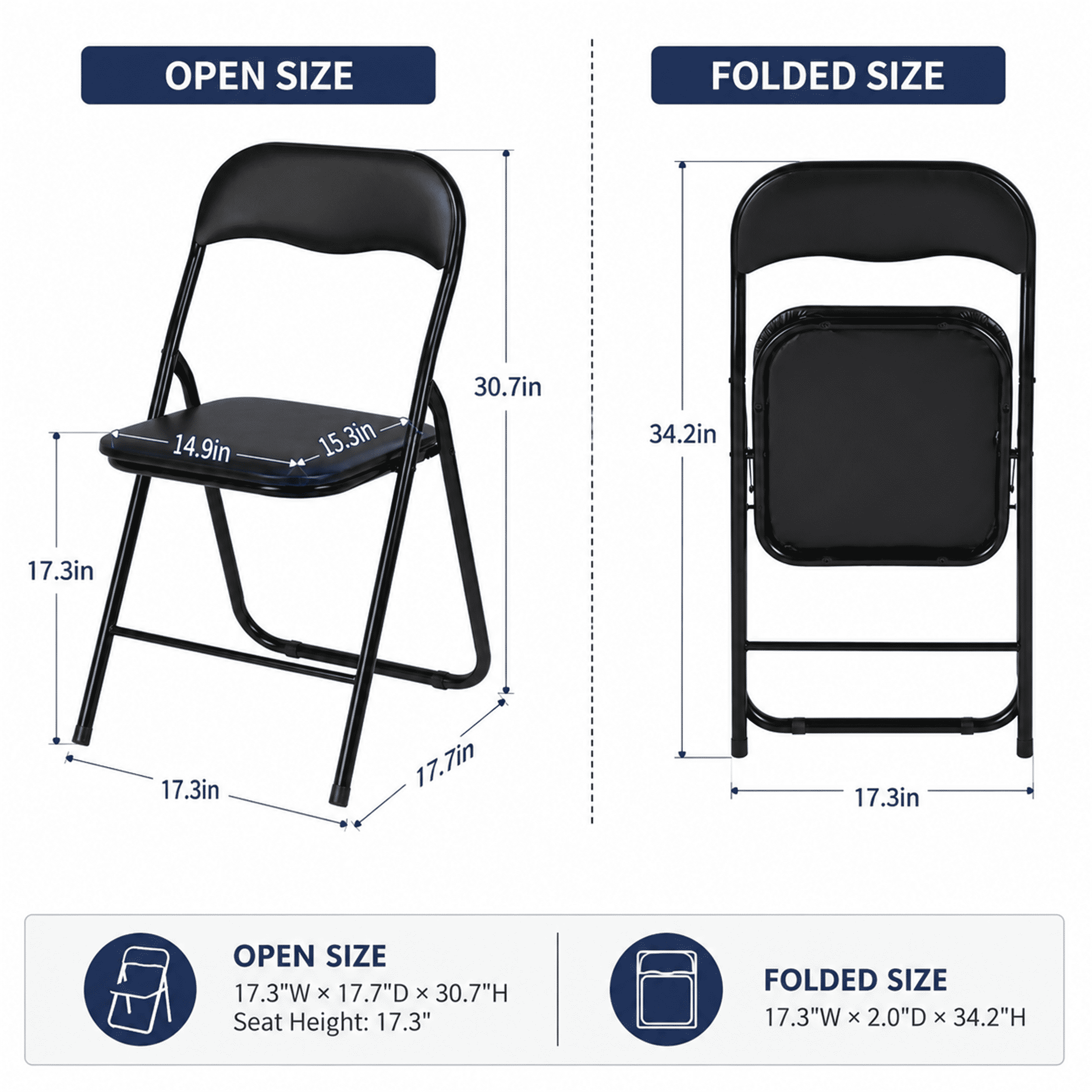 Homy Casa 2 Pack Padded Folding Chairs with Metal Frame for Dining and Patio Events Black