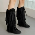 thumbnail image 2 of IUJSOY Cowboy Boots for Women Fringe Cowgirl Boots Suede Round Toe Mid Calf Boots Casual Low Heels, 2 of 6