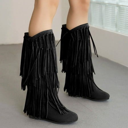 

feiboyy women s plus size winter heel fringe boots inside booster mid length boots