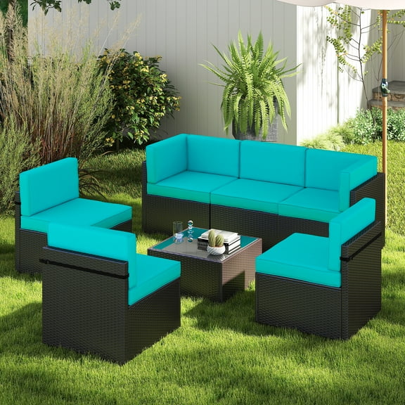 Kinbor 7pcs Outdoor Patio Furniture Pe Rattan Wicker Rattan Sofa Sectional Set with Blue Cushions