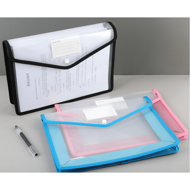 A4 Plastic Folder, 3Pcs Clear Envelope Snap Button Folder Expandable Document  File Holder, Black, Blue, Pink，33*7*24.9cm 