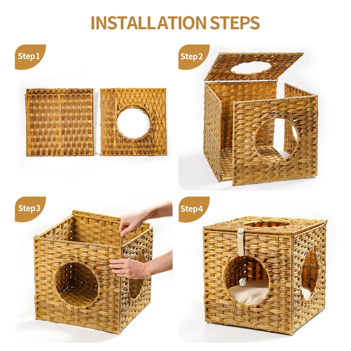 Canddidliike Rattan Cube Cat Bed with Rattan Ball and Mats in Yellow Brown Canddidliike Rattan Cube Cat Bed with Rattan Ball and Mats in Yellow Brown