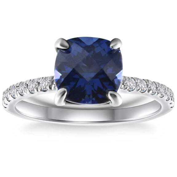 Pompeii VS 2 1/3Ct TW Cushion Blue Sapphire & Diamond Ring in 14k White Gold (G/H,I1-I2)