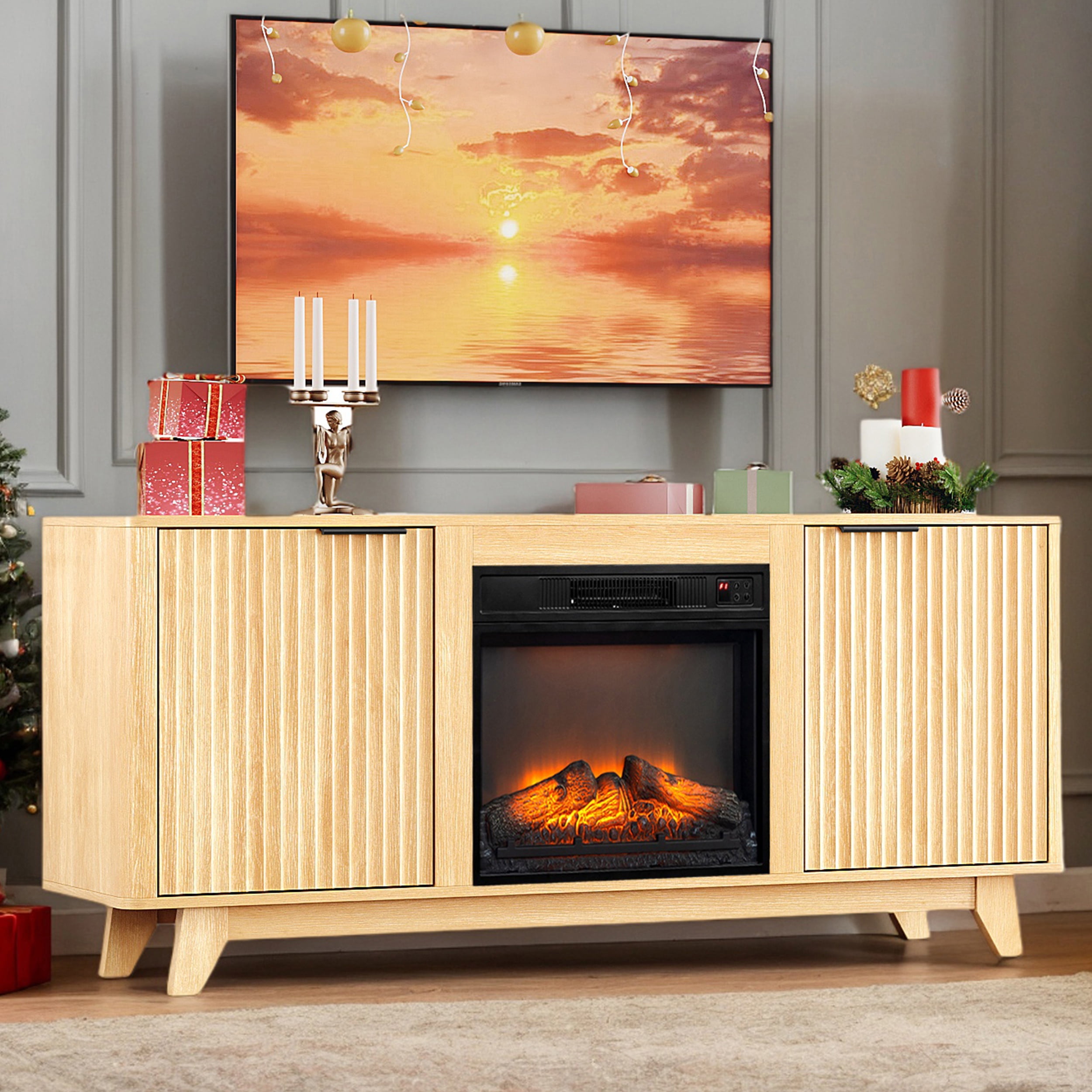 Paproos Fireplace TV Stand for TVs up to 70", 58’’ Modern Fluted TV Console with 19" Electric Fireplace, Entertainment Center with Doors, Media Console Table for Living Room, Oak