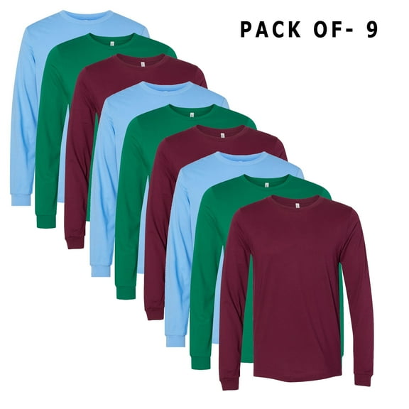 BELLA + CANVAS - Mix Color T-Shirt | 4.2 Oz./yd², 100% Cotton | 9 Pack Long Sleeve Tee - S Size