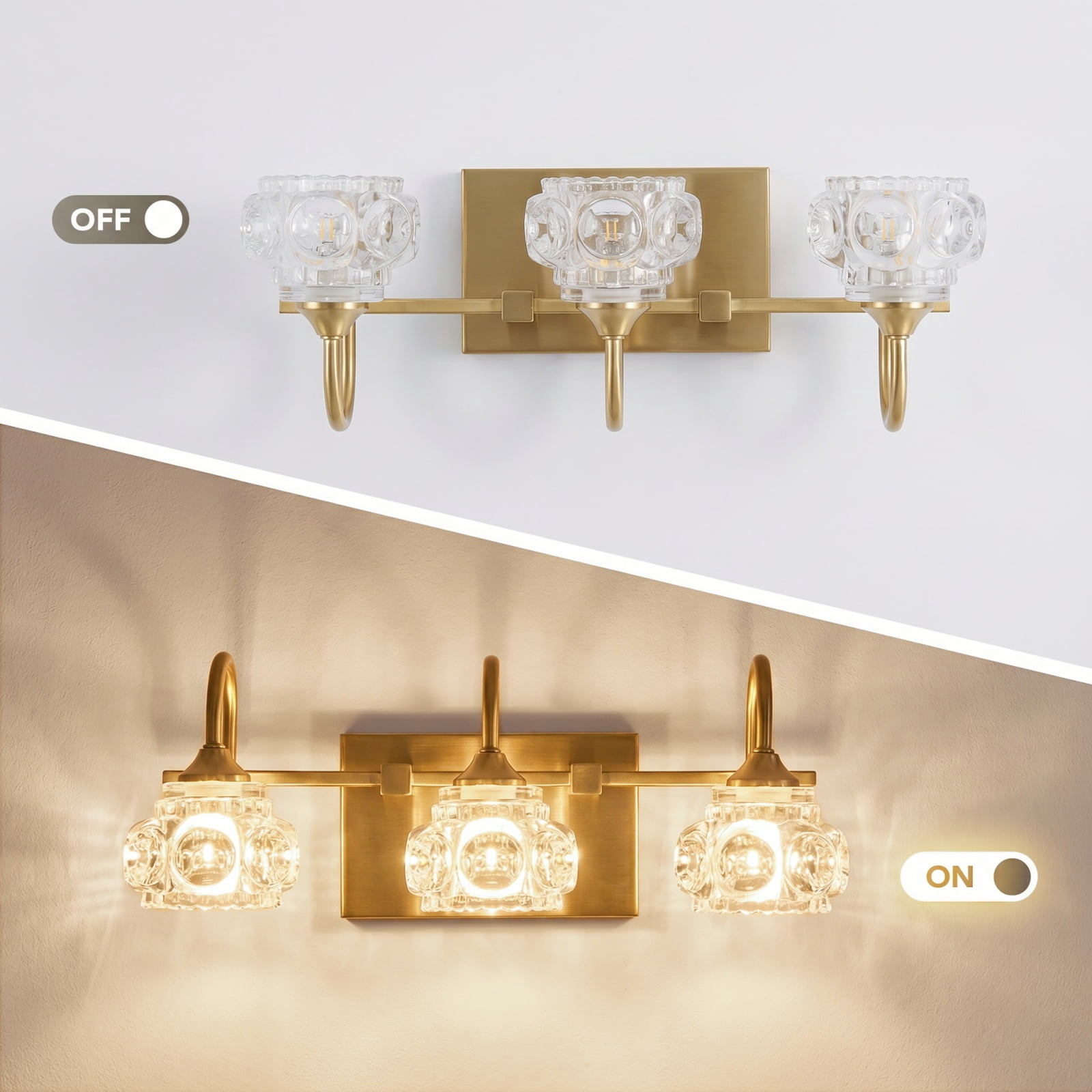 17" Modern 3-Light Crystal Bathroom Vanity Light, Gold Wall Sconce with Clear Glass Shades, Elegant Bathroom Lighting Fixtures Over Mirror, for Vanity or Powder Room (Bulbs Not Included)