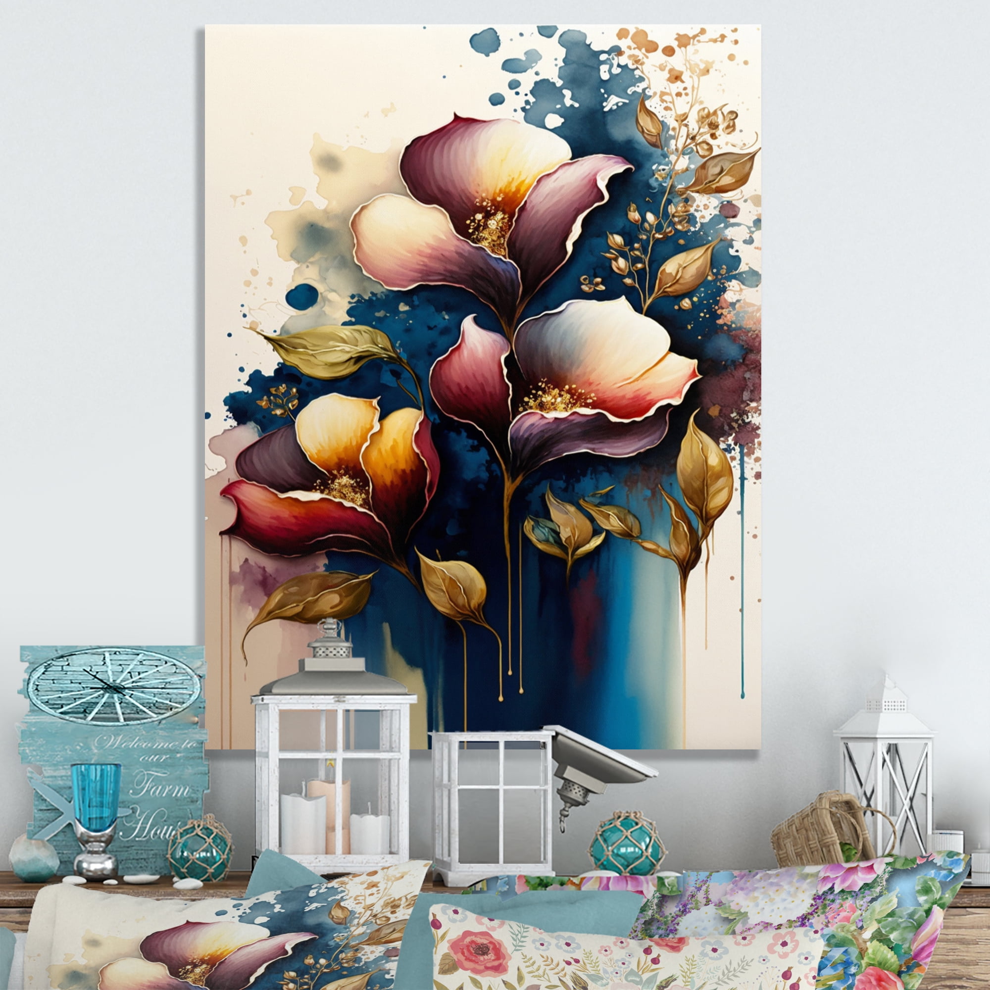 Designart Blue And Burgundy Cally Lily Bouquet III Canvas Wall Art