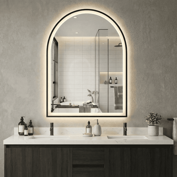 Mango Tile 20"x28" Arched Framed Bathroom Vanity Led Mirror, AntiFog, 3 Light Color, Dimmable Light, Front LED, Tempered Glass