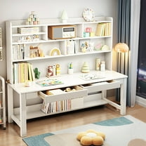 BALANBO Solid Wood Kids Desk with Hutch and Shelves, Study Computer Desk with Drawers, Extra Large Two Person Study Desk Writing Table, Student White Desk with Bookshelf for Bedroom,Study Room,White
