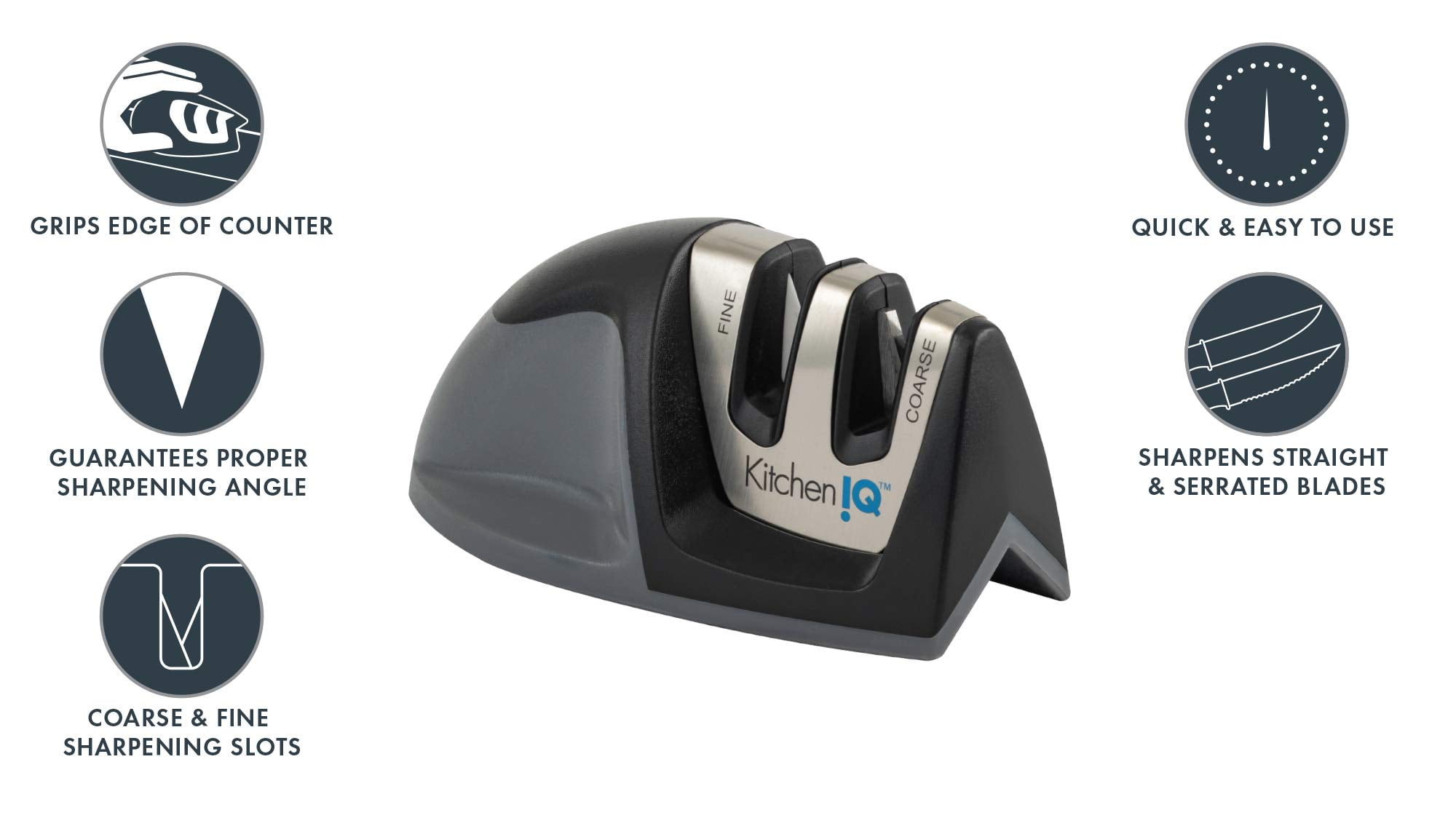 KitchenIQ 51420 | Edge Grip 2-Stage Knife Sharpener | 3 Pack | Coarse & Fine | Compact for Easy Storage | Stable Non-Slip Base | Soft Grip Rubber Handle | Straight & Serrated Knives, Black/Carbide