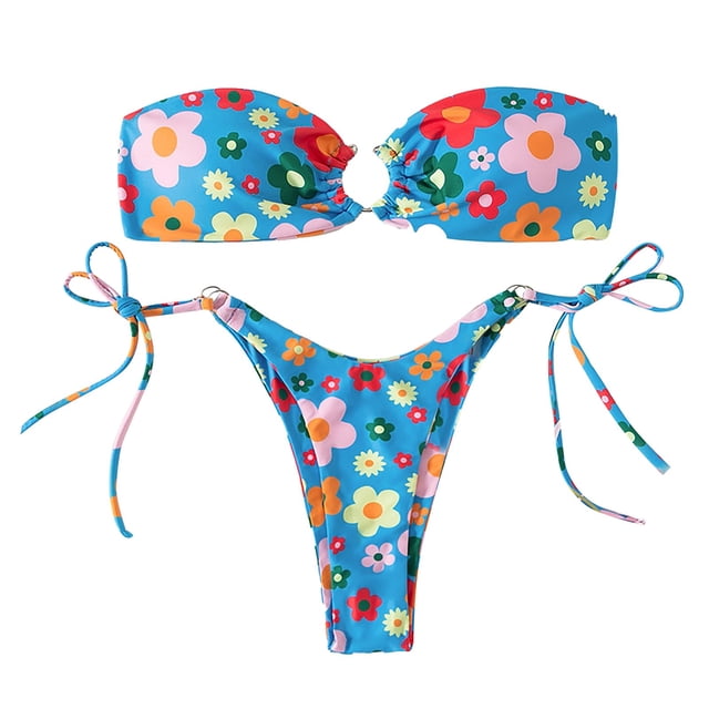 Womens 2 Piece Swimsuits Fashion Flower Print Gathering Backless Split Bikini Blue Womens Bathing Suits S