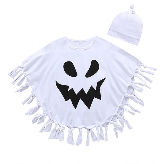 Zylarhe Kids Halloween Tops Bat Cape Set with Fringe Sleeveless Hooded Poncho for Toddler Girls Party Outfit White 4-5 Years