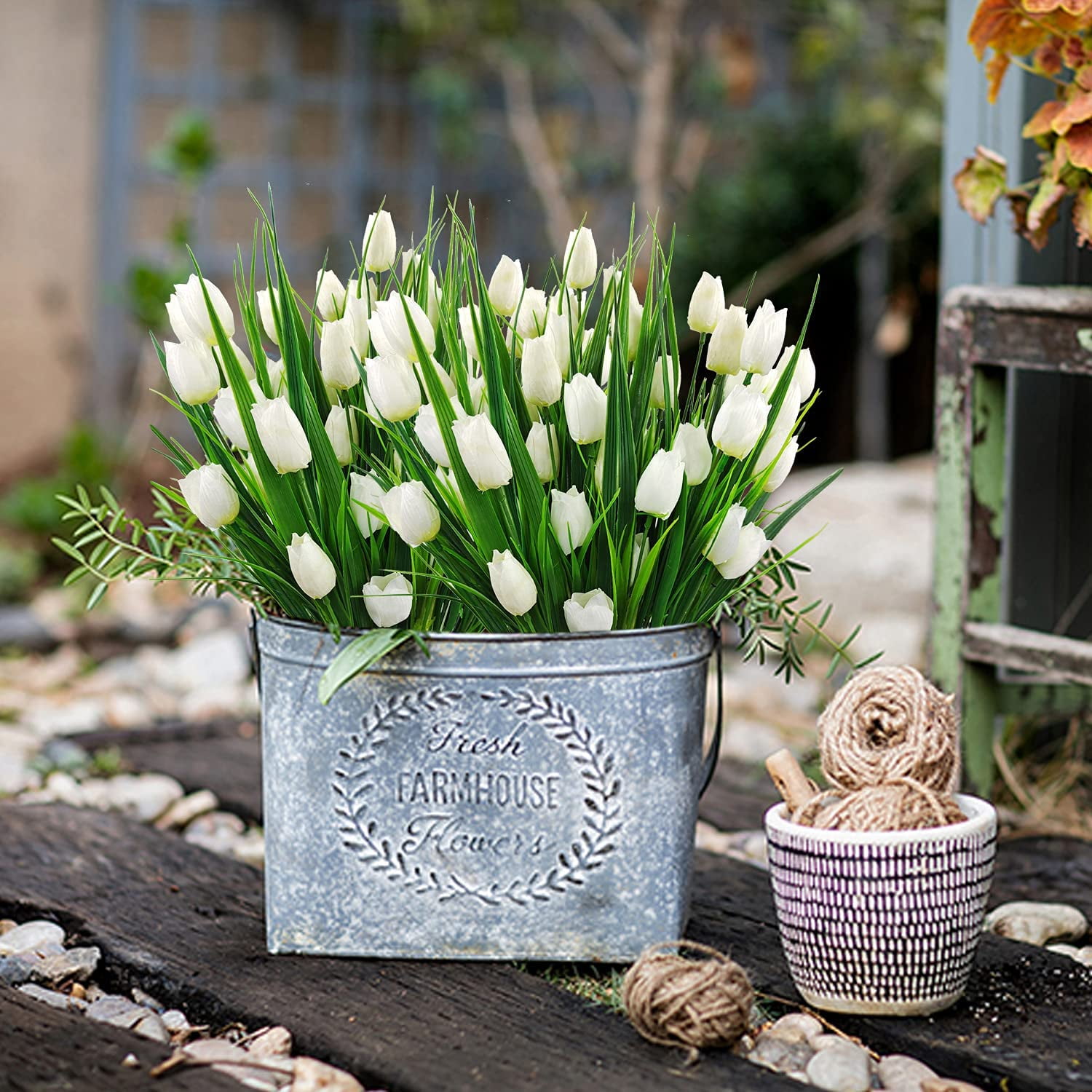 Outdoor Artificial Tulips Fake Flowers UV Resistant Faux Plastic Greenery Shrubs Plants for Home Outside Garden Porch Window Farmhouse Decor (White)