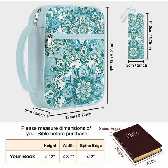 1pc Bible Covers with Handle 12x8.7 inch Lotus Large Zippered Carrying Book Case Turquoise Bible Protective with Pocket and Bookmarks for Women Men Bible Note Books Carrying Accessories