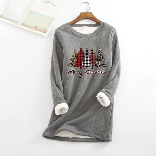 Qertyioot Hauts Grande Taille pour Femmes, Mode Féminine de Noël Imprimé Manches Régulières Hiver Ample Vacances Décontracté Manches Col Rond Chemise