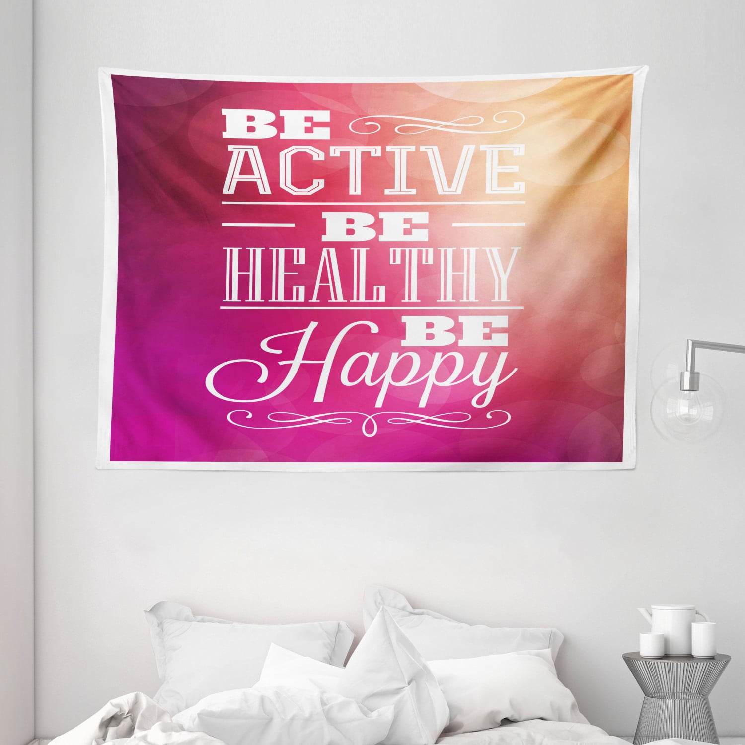 Fitness Tapestry, Typographic Design with Be Active Be Healthy Be Happy