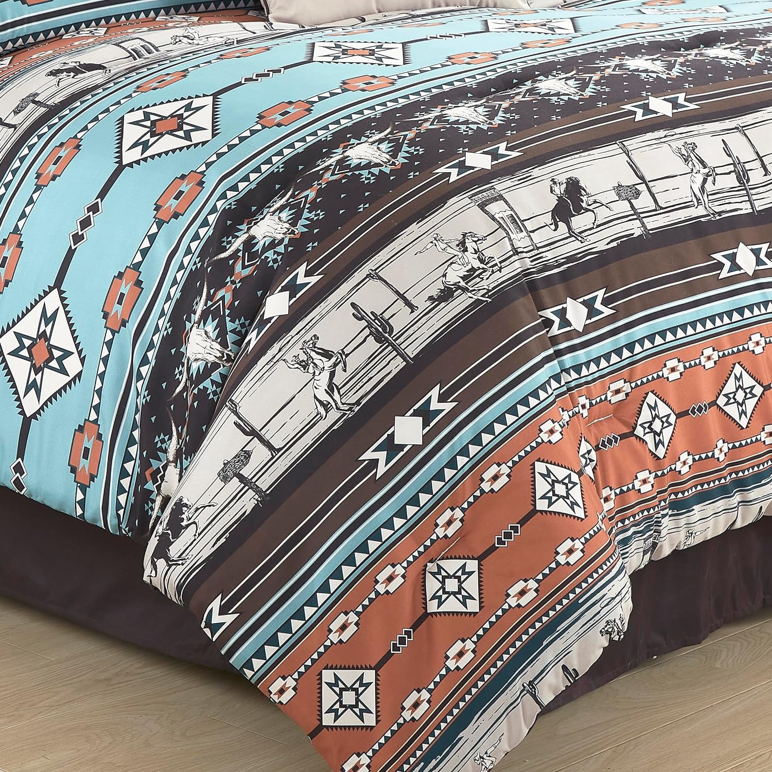 Chezmoi Collection Boone 7-Piece Southwestern Cowboys Rodeo Comforter Set, Multicolor Blue Brown Beige Clay Printed Washed Microfiber Bedding, California King
