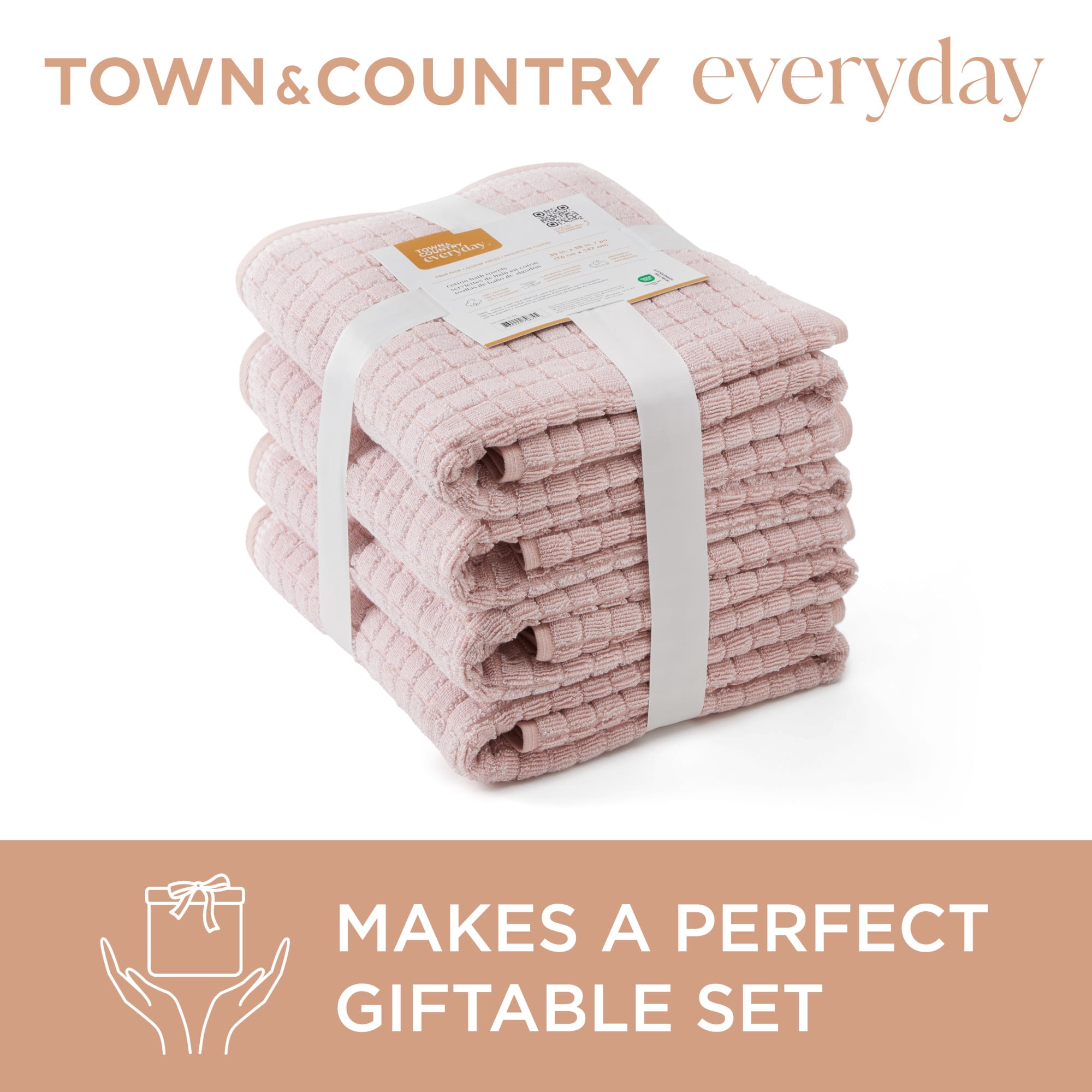 TOWN & COUNTRY EVERYDAY 4-Piece Textured Windowpane Bath Towel Set, 30"x58", 100% Cotton, Plush & Absorbent 550GSM, Blush