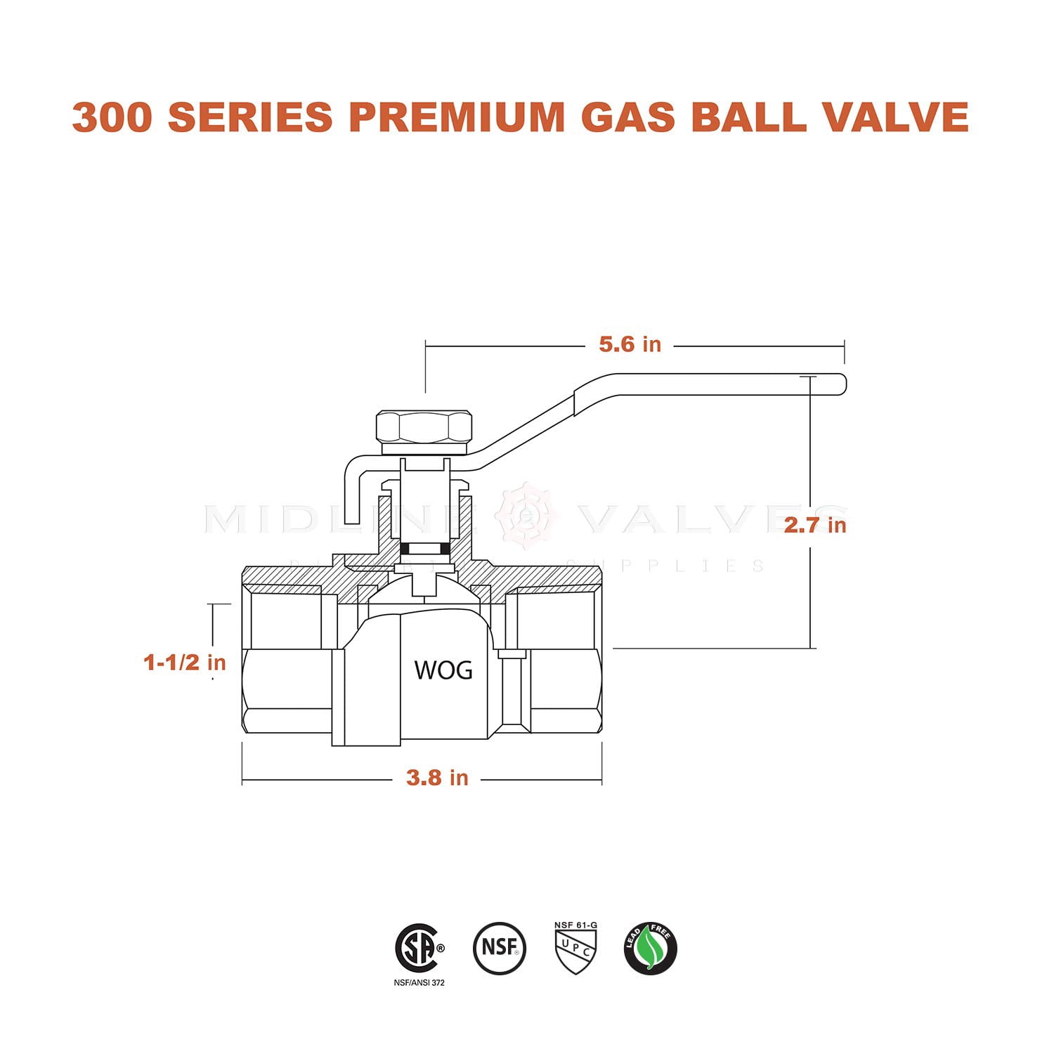 Midline Valve T522334-5 Premium Brass Gas Ball Valve, with 1-1/2 in. FIP Connections (5 Pack)