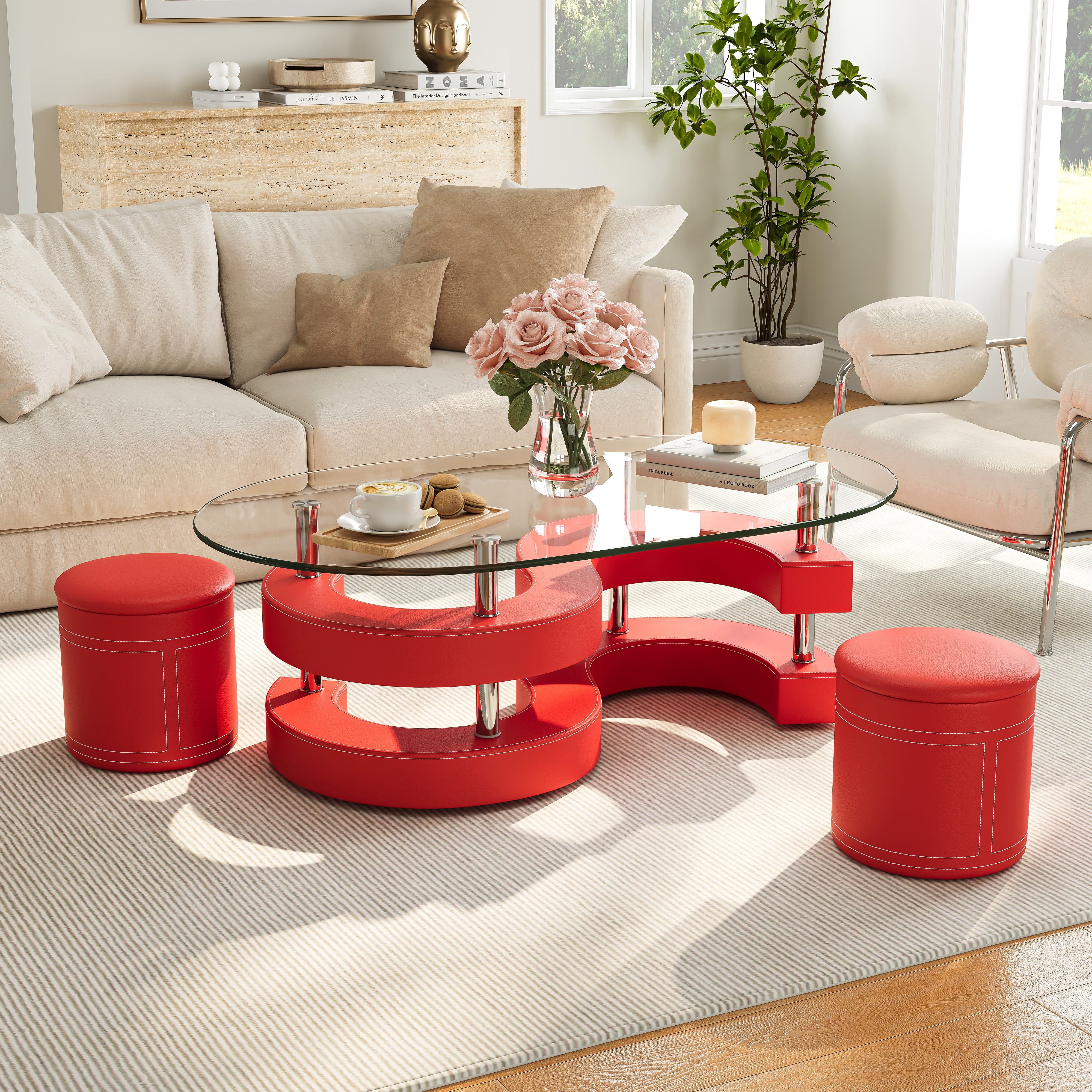 3 Pieces Coffee Table Set, 0.39" Tempered Glass Top and S Shape Base, Oval Modern Coffee Table with 2 Leather Stools, Accent Coffee Table for Living Room Bedroom