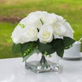 thumbnail image 2 of Enova Home Artificial 18 Heads Fake Silk Roses Flowers Arrangement in Clear Cube Glass Vase with Faux Water for Home Office Decoration(Cream), 2 of 4