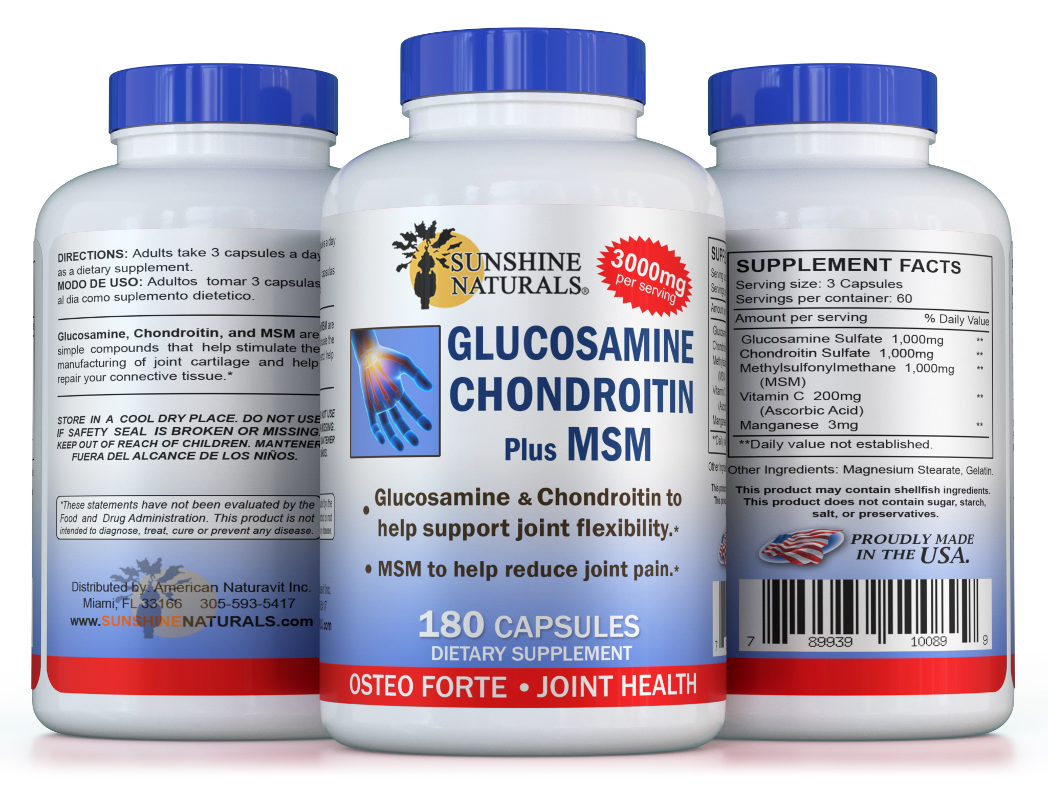 Sunshine Naturals Glucosamine Chondroitin Plus MSM for Joint and Bone Health, 180 Capsules