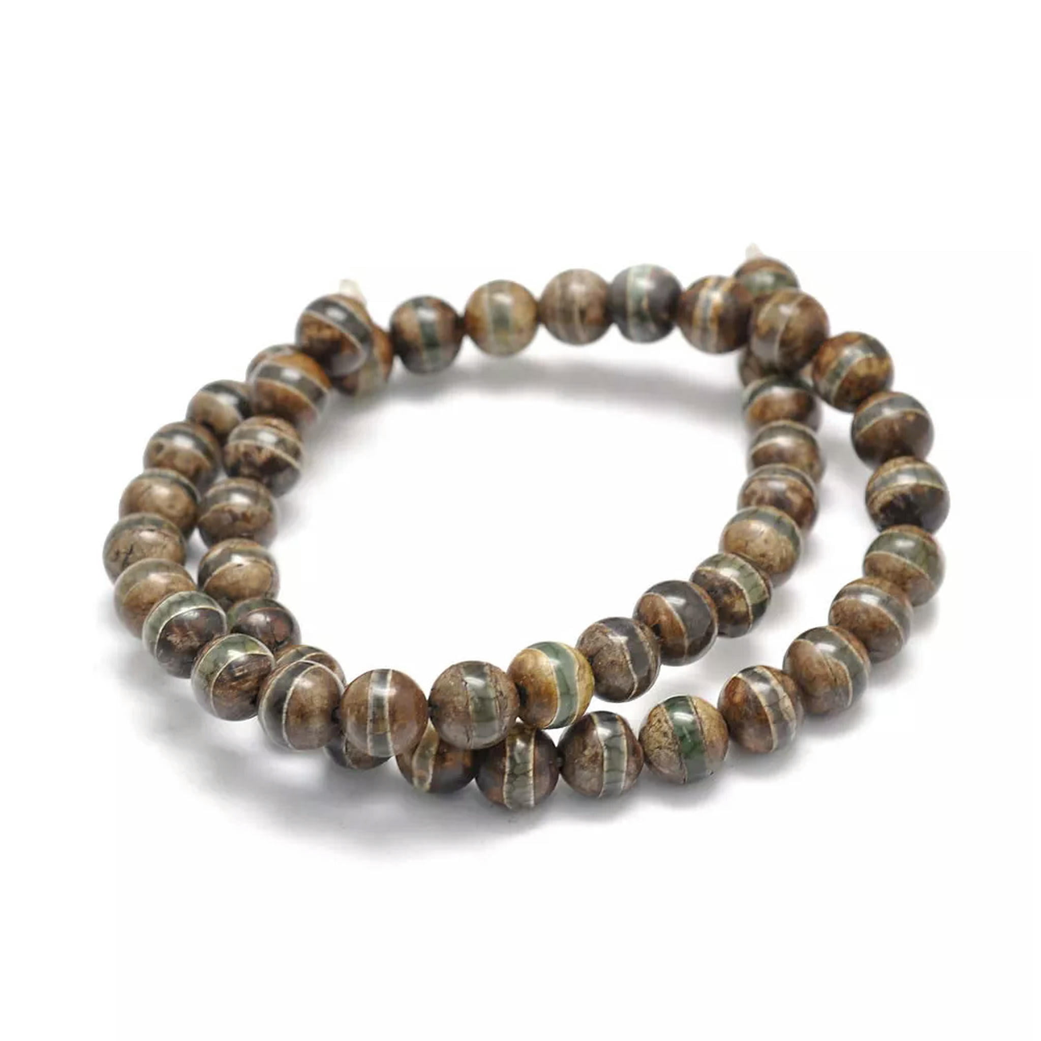 U8MO 2 Strds Natural Tibetan dZi Agate Tone Beads Strip Round Smooth Dark Khaki 8mm