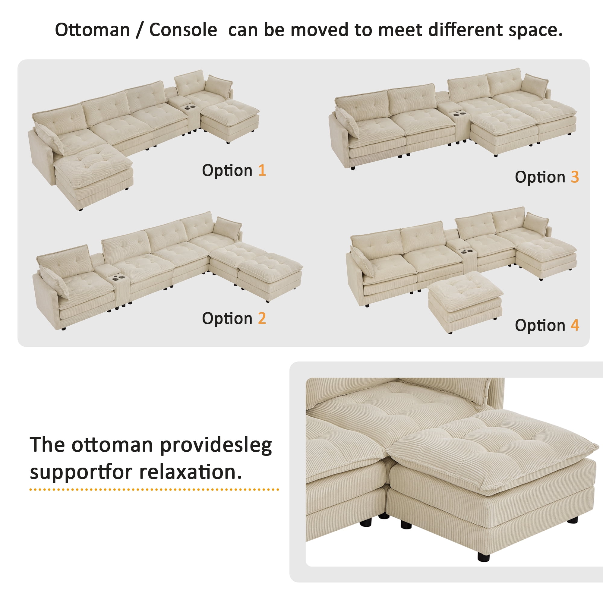 U-Shaped Modular Cloud Sectional Sofa with 2 Ottomans & Center Console, 6-Seater Corduroy Couch with USB Ports & Cup Holders, for Living Room, Beige