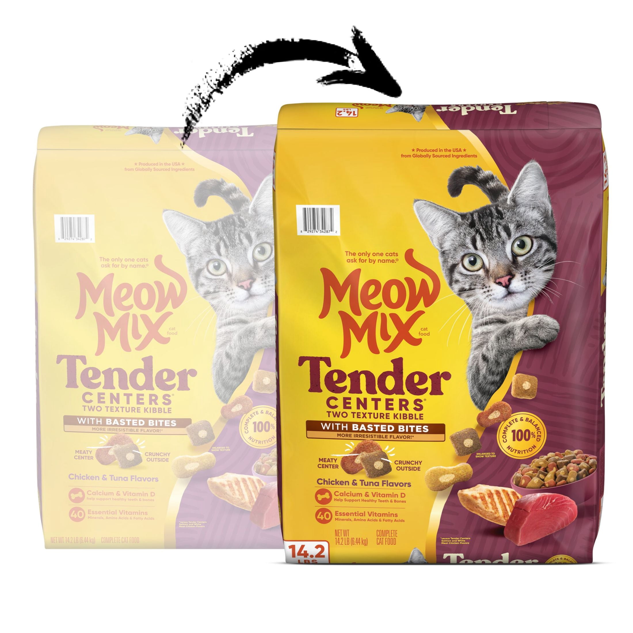 (3 pack) Meow Mix Tender Centers Dry Cat Food with Basted Bites, Chicken & Tuna Flavors, 14.2 lb Bag