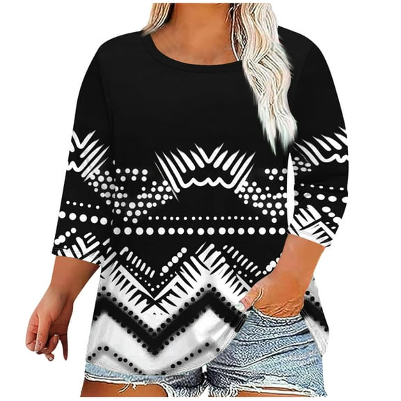 CYMMPU Summer Trendy Shirts 3/4 Sleeve Round Neck Blouses for Women Dressy Casual Spring Tunic Tops Flower Printed Loose Fit Lightweight Basic Tees Black XXXL