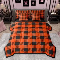 Homewish Fashion Abstract Adult Bedding Comforter Set 7pcs, Square Patchwork King Bedding Sets, Vintage Black Chocolate Buffalo Reversible Bed Sheets, Breathable Home Decor