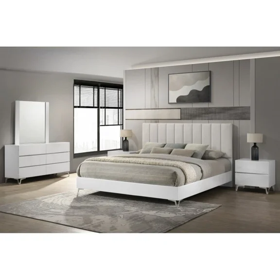 White/Silver California King Size 5pc Modern Bedroom Set, Acrylic Legs , Lacquer Wood Finish Bedroom Furniture Set