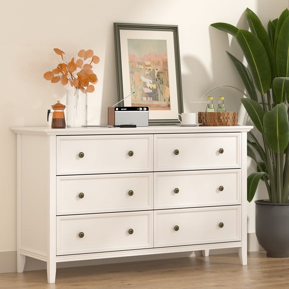 IKENO 6 Drawers White Dresser, Modern Solid Wood Chest of Drawers, White Dresser for Bedroom Room
