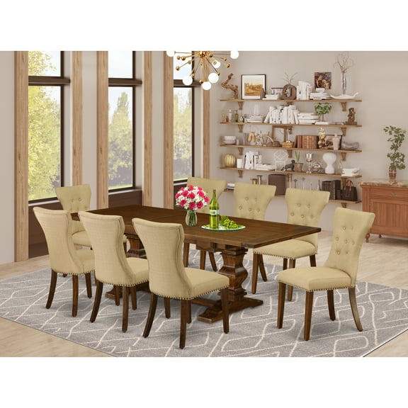 Maykoosh Rustic Ranch 9-Pc Dining Table Set With Chair S Legs And Brown Linen Fabric Kitchen Chairs Set Of Eight And Great Table- Antique Walnut Finish