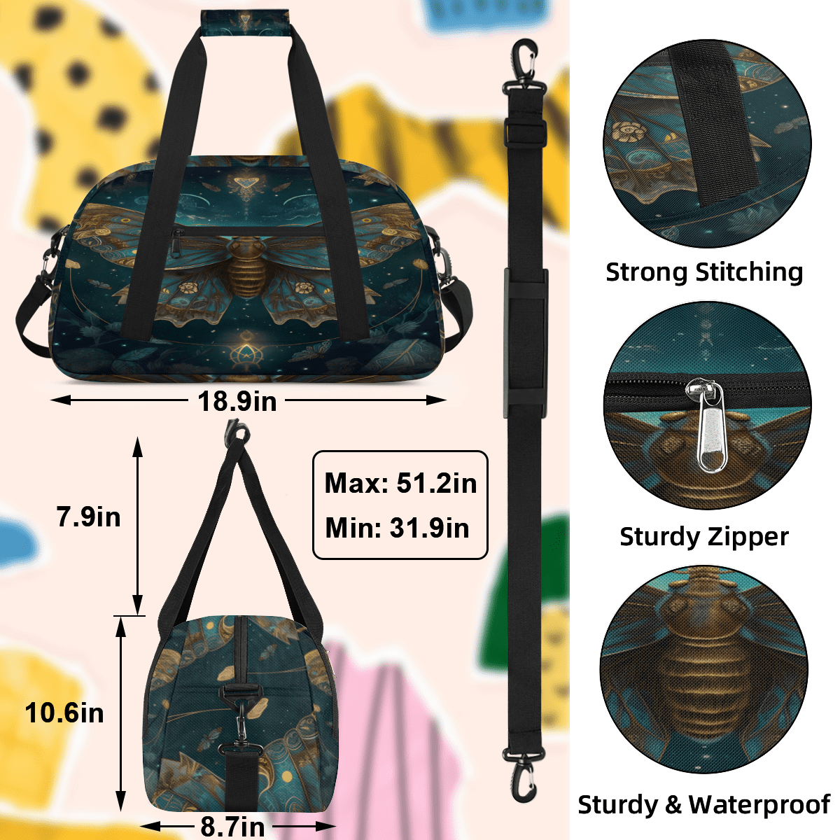 Herdesigns Sports Duffle Bags Travel Duffle Bag Gym Bag Butterfly Retro Vintage Weekender Travel Bag Waterproof Overnight Bag Carry On Travel Tote Bag Dance Bags