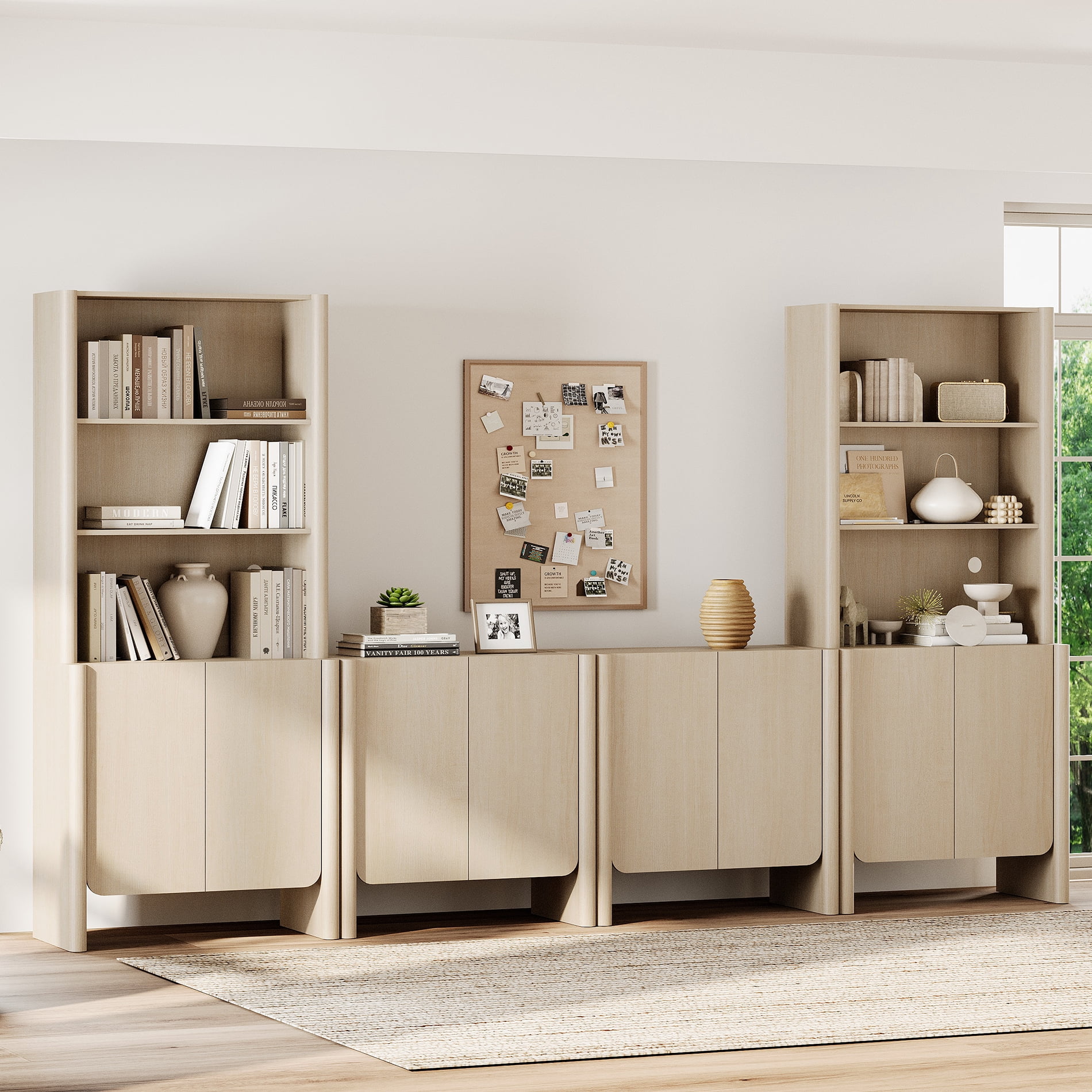 Modern French TV Stand with Bookshelves, 126-Inch Media Console, 4 Doors and Open Shelving, Supports TVs up to 70 Inches, Beige