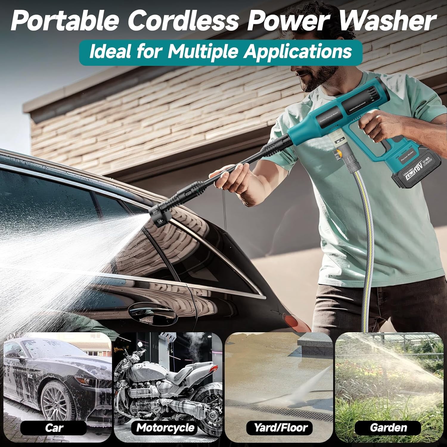 Cordless Pressure Washer, Portable Power Washer with 4.0Ah 21V Battery & Charger, 700PSI Handheld Pressure Washer with 5M Hose, 4-Speed Setting, 6-in-1 Nozzle, Powered Cleaner for Car Floor
