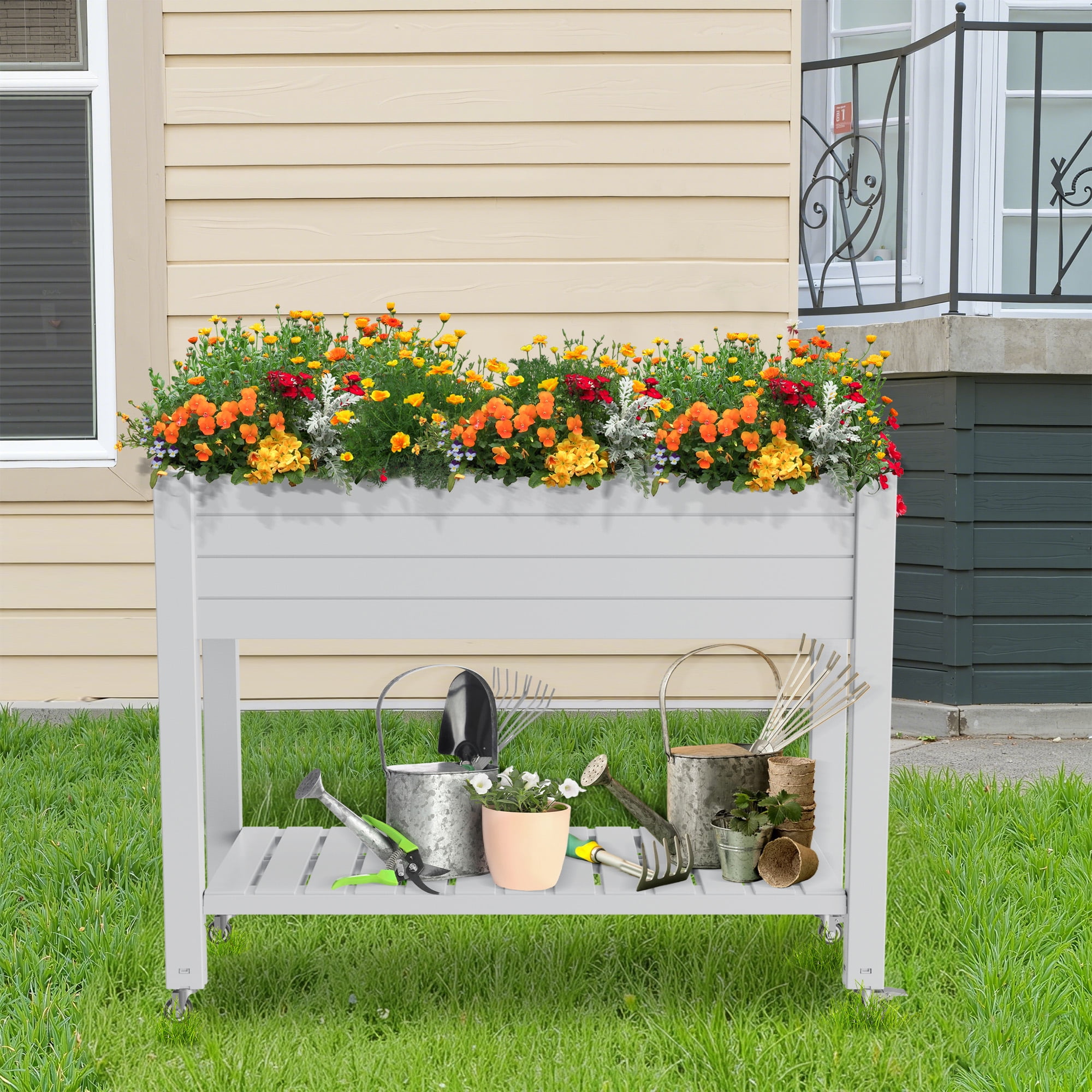 MAYEERTY Raised Garden Bed with Wheels & Lower Shelf, Built-In Water Storage for Patio Balcony Garden