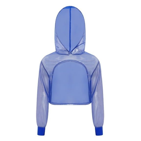 Hansber Fashion Girls Jazz Hip-Hop Dance Crop Top See-through Metallic Shiny Cropped Hoodie Sweatshirt Royal Blue 8