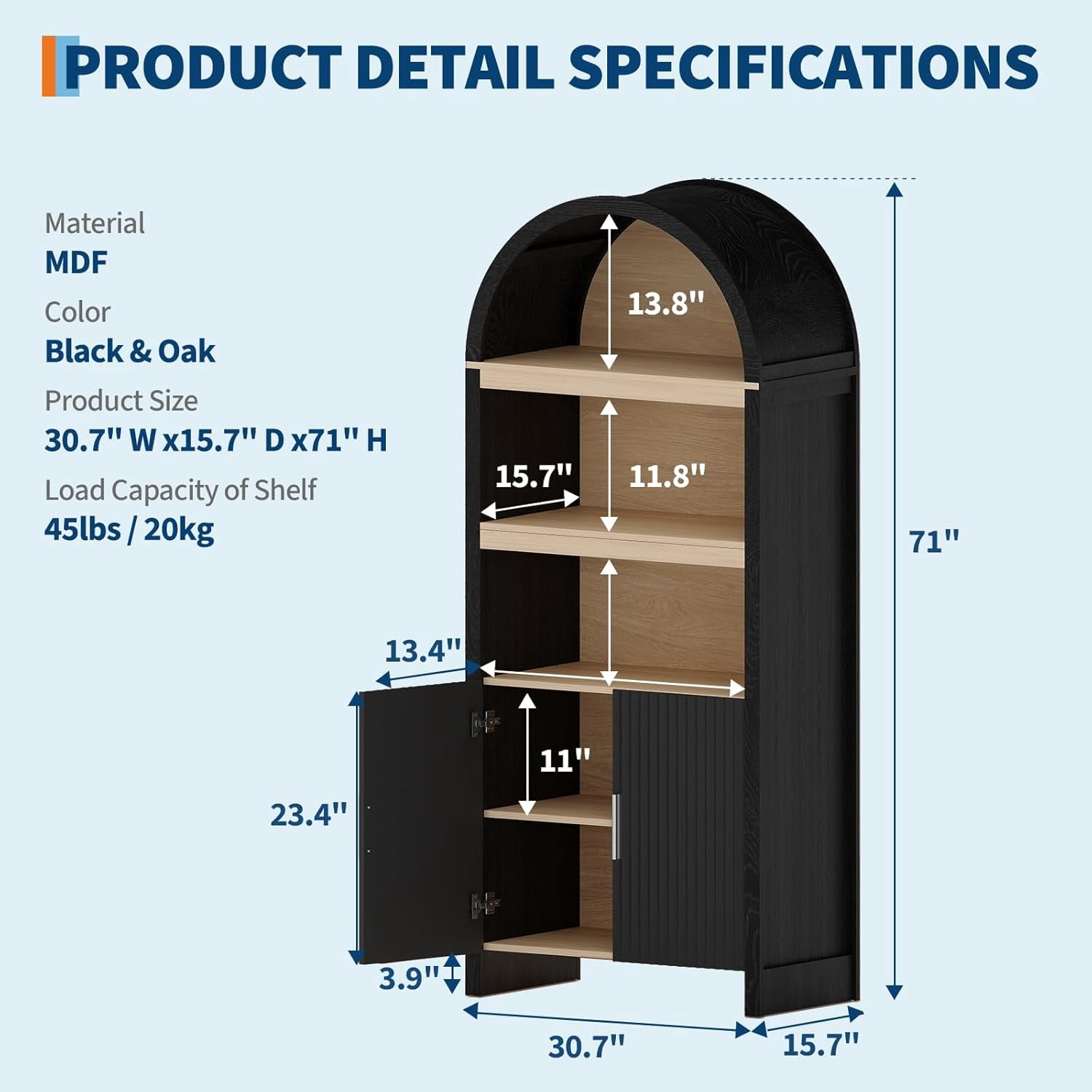 TROPOW 71" Tall Bookshelf Arched Cabinet with Storage, Mid-Century Bookcase Modern Wooden Kitchen Pantry Display Storage Cabinet with Open Adjustable Shelves for Living Room Home Office